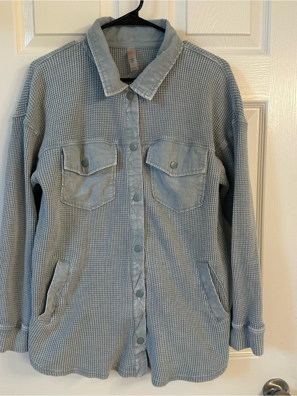 Light Blue Waffle Knit Button-Up 100% Cotton, Snap Front